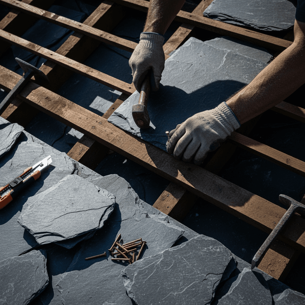 Professional roofer securing slate tiles with copper nails during roof installation