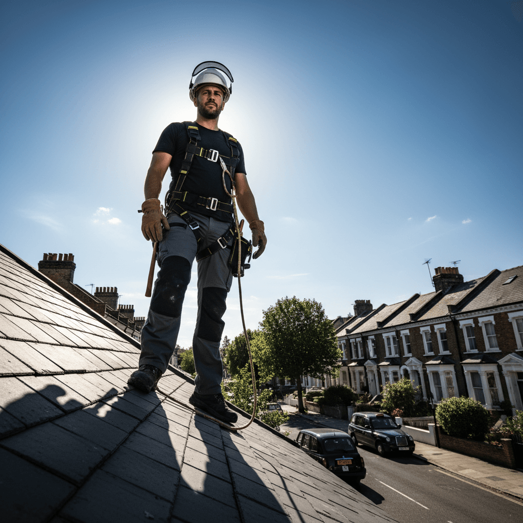 Professional roofer in safety gear standing confidently on a pitched residential roof