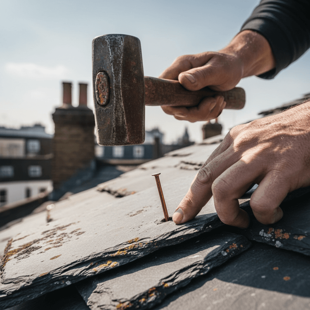 Roofer securing tiles with hammer and nail