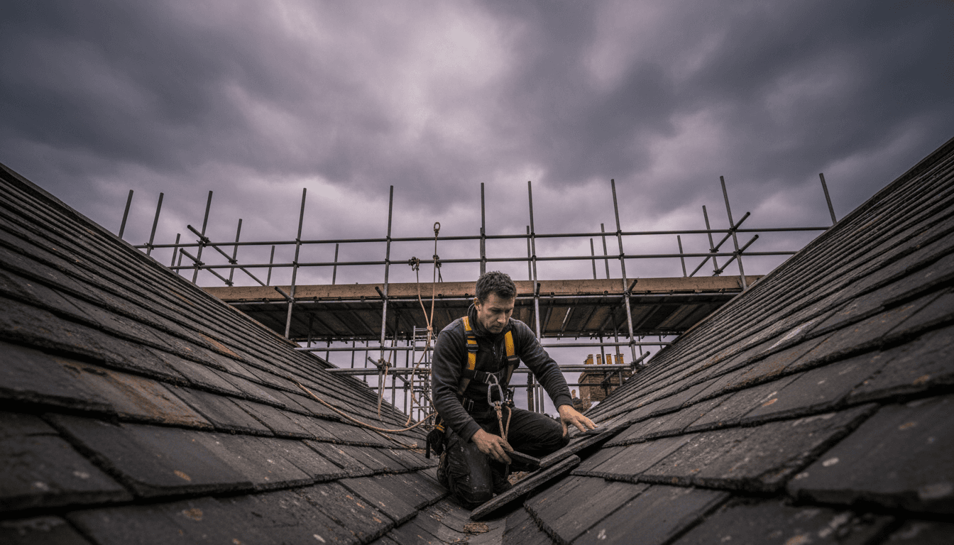 Professional roofer inspecting roof tiles on a London home