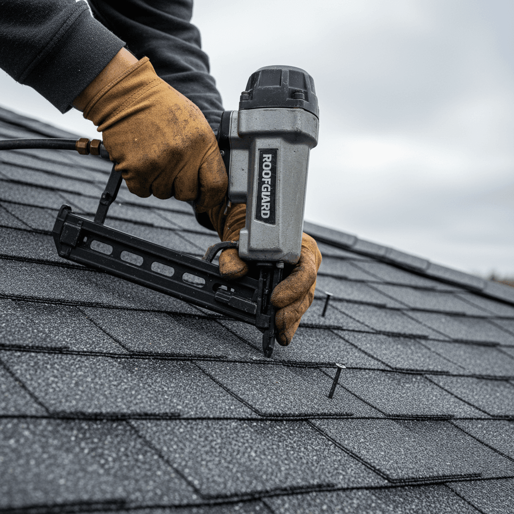 Roofer installing roof shingles on residential roof