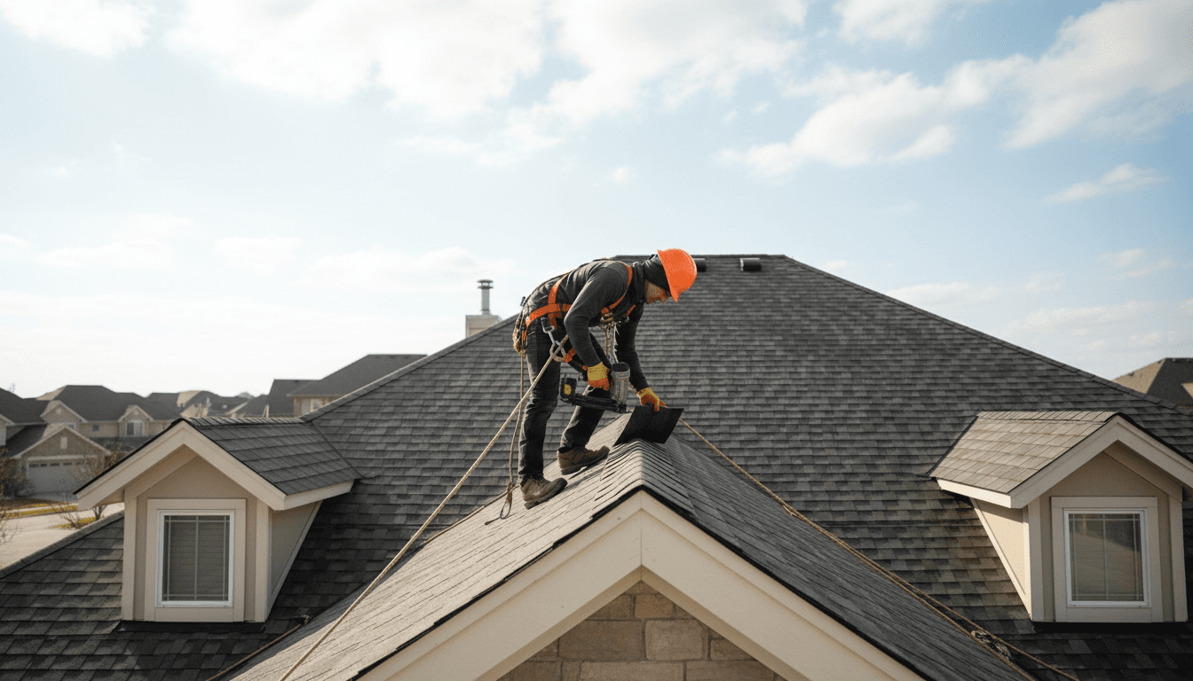 Professional roofer working on residential roof in London
