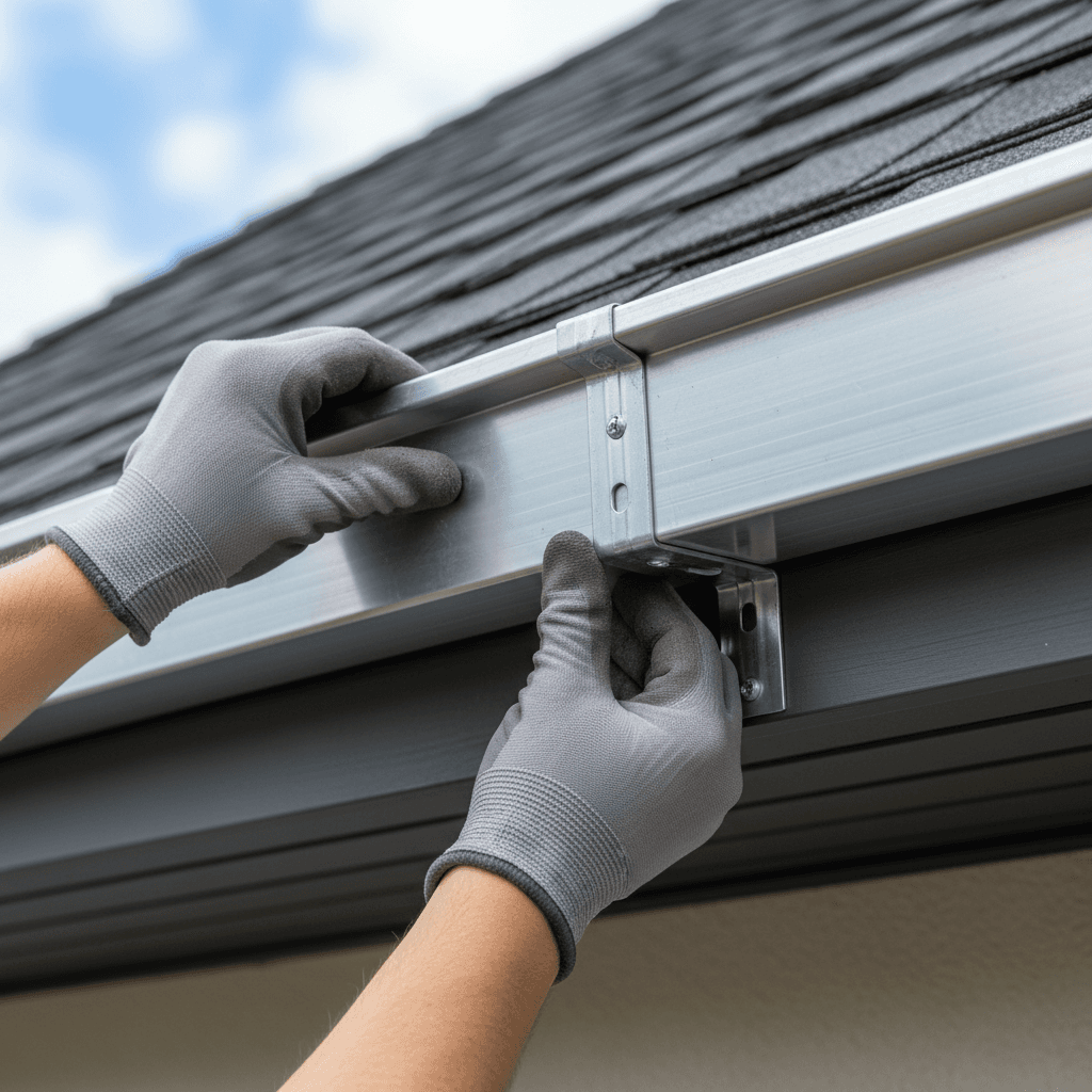 Close-up of professional gutter installation work