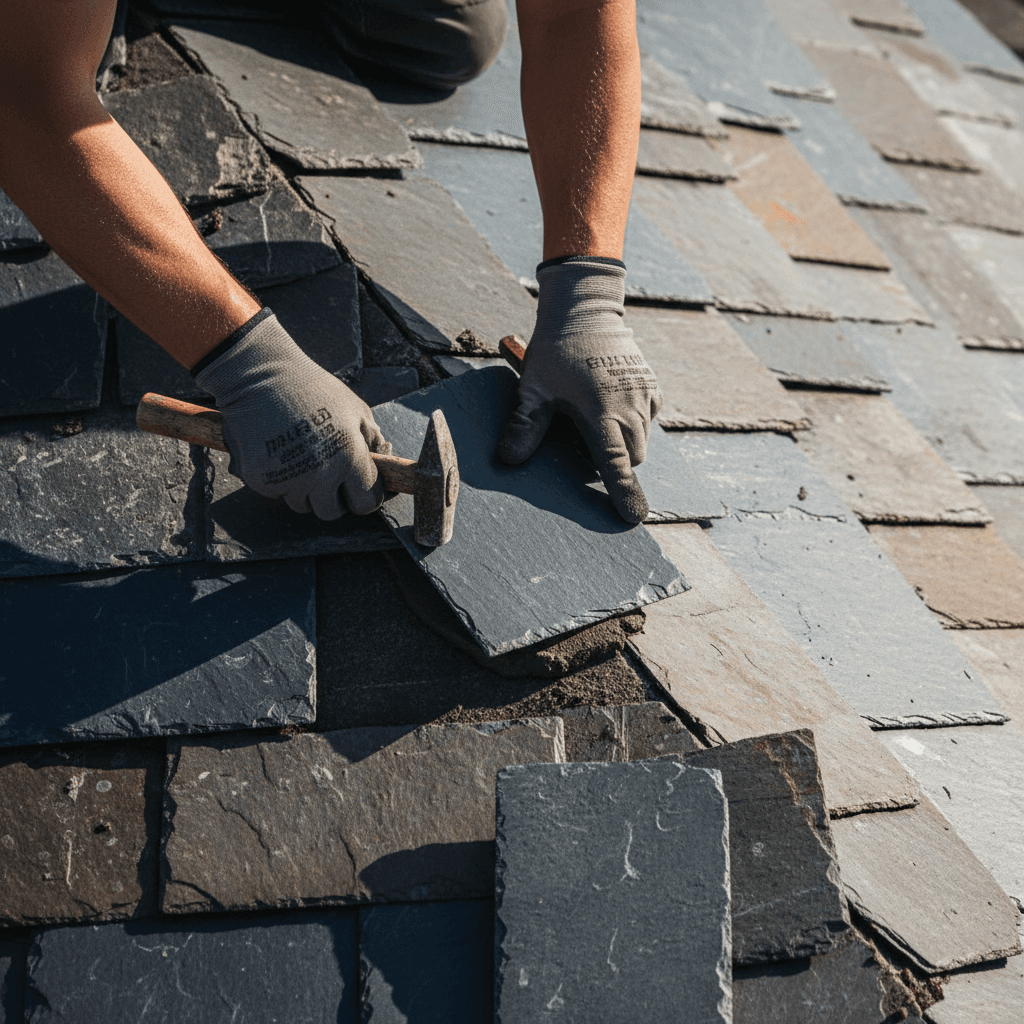 Roofer installing roof tiles on London home