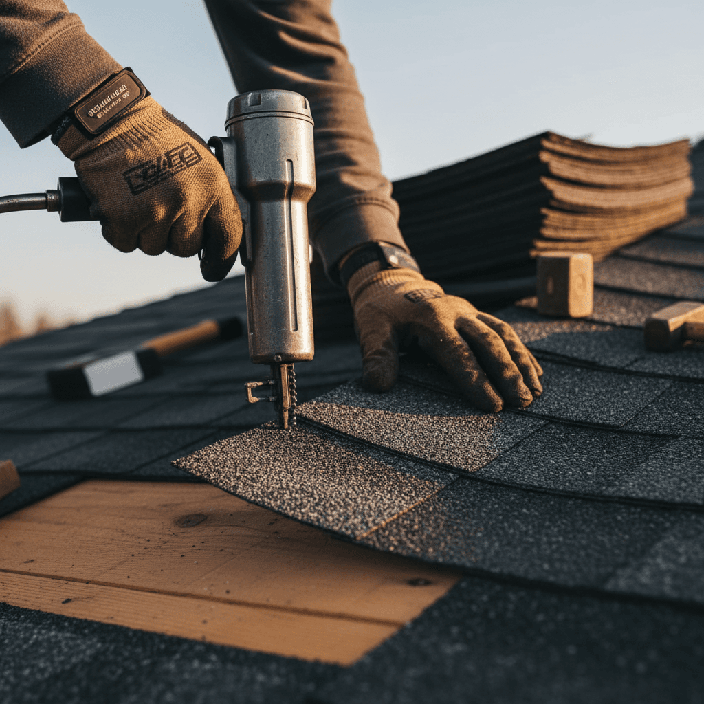 Roofer inspecting tiles on London residential roof during morning light
