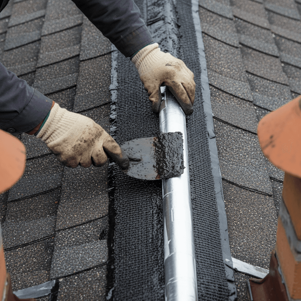 Roofer sealing roof seam with weatherproof sealant